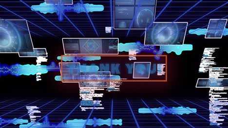 animación de gracias en el espacio abstracto digital con pantallas y datos diversos