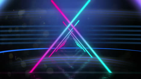 animation of tunnel of multi coloured glowing  triangle outlines with horizontal lines in the backgr