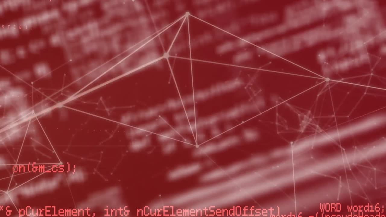 animación de la red de conexiones sobre el procesamiento de datos sobre fondo rojo