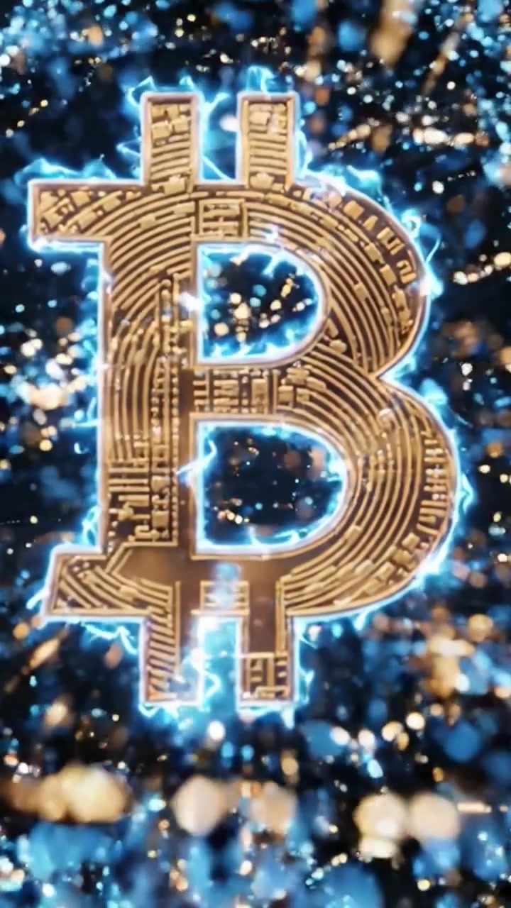 Visualizzazione Dinamica di Criptovaluta: Una Straordinaria Rappresentazione del Simbolo Bitcoin Circondato da Particelle Digitali Elettrizzanti in un'Ambientazione Futuristica