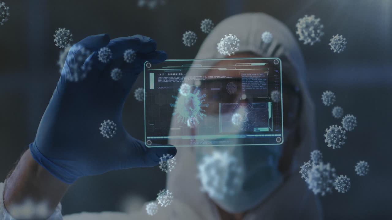 Covid-19 cells floating against health worker holding futuristic screen with medical data processing