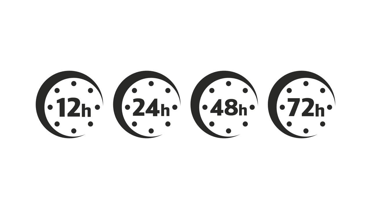 12, 24, 48 and 72 hours clock arrow.  work time effect or delivery service time icons. Motion graphics.