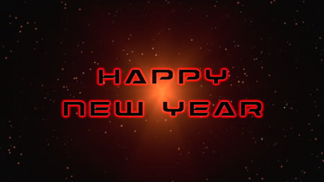 happy new year text with yellow fashion light of stars in dark galaxy