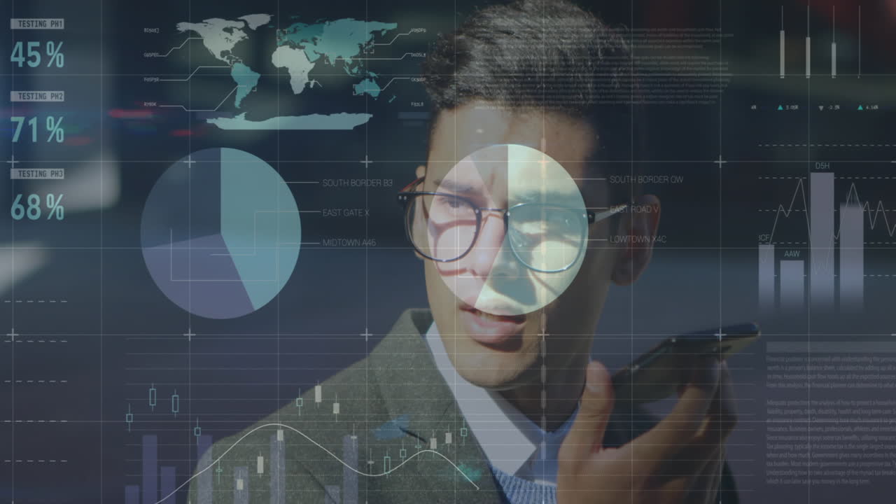 Animation of statistical data processing over biracial businessman talking on smartphone on street