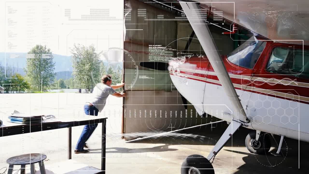 카우카스 조종사와 비행기에 대한 데이터 처리 애니메이션.