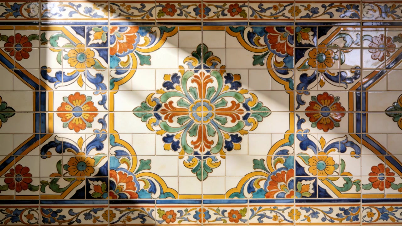 Ombra in movimento di una persona che passa, che scivola su un pannello di piastrelle della parete dell'atrio, mostrando un medaglione floreale