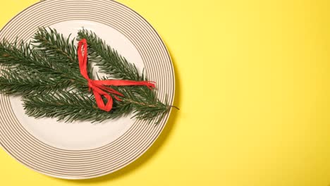 fir branch with red ribbon on a plate against a yellow background