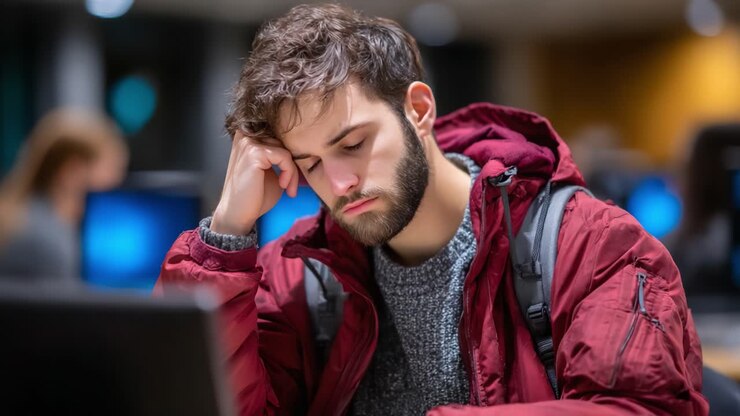 Un giovane assorto nei suoi pensieri e nella contemplazione, sopraffatto dagli impegni davanti al computer in un moderno ambiente di apprendimento