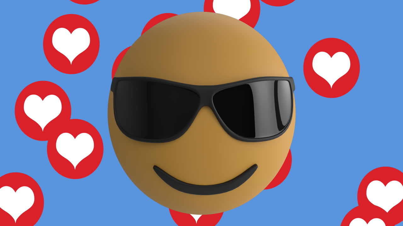 cara con gafas de sol emoji sobre múltiples iconos de corazón rojo flotando contra un fondo azul