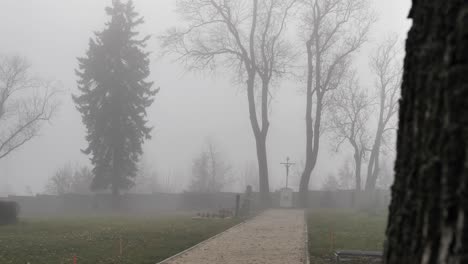 cemetery path in dense fog