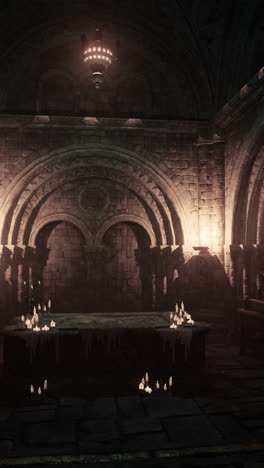 a dark, abandoned stone room with candles and arches