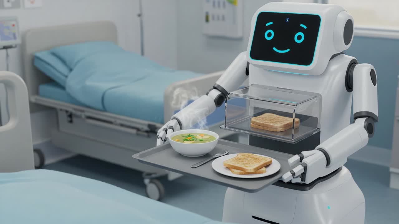 A Friendly Robot Serves a Delicious Meal in a Hospital Room, Bringing Comfort and Care to Patients with a Tray of Soup and Toast while Enhancing Their Recovery Experience