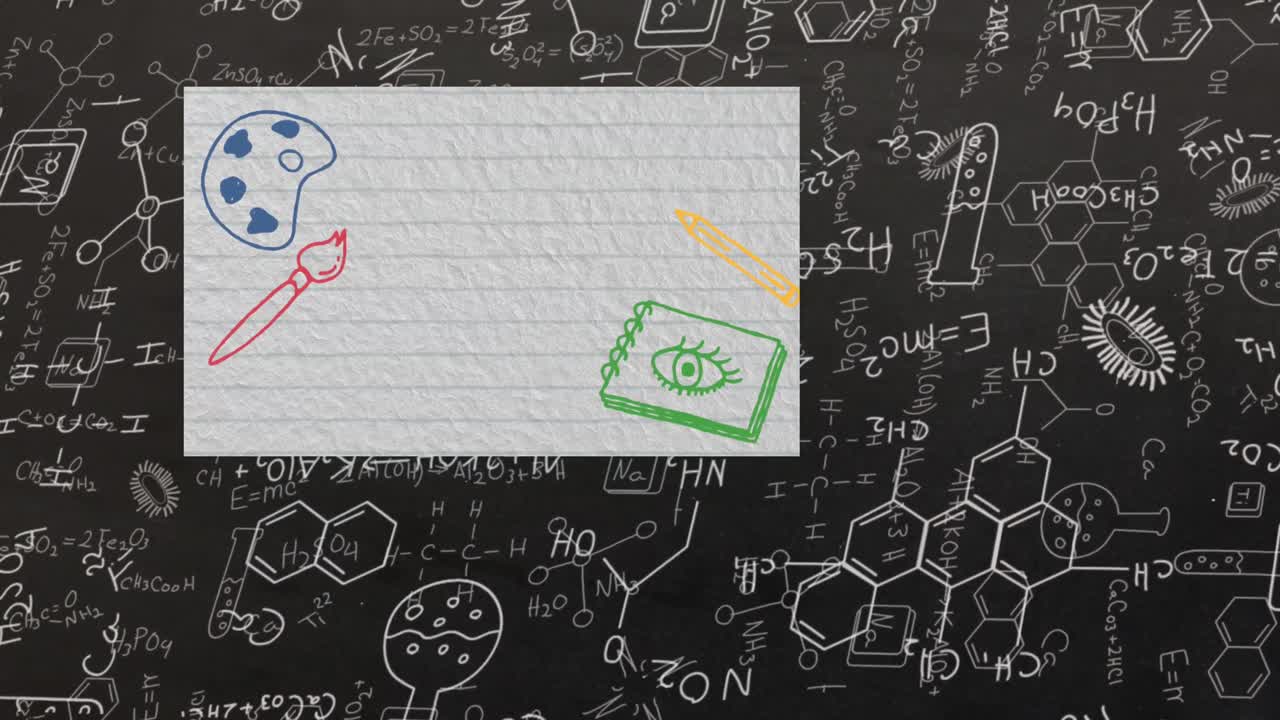 animación de iconos educativos y escolares con espacio de copia en papel gobernado sobre dibujos científicos