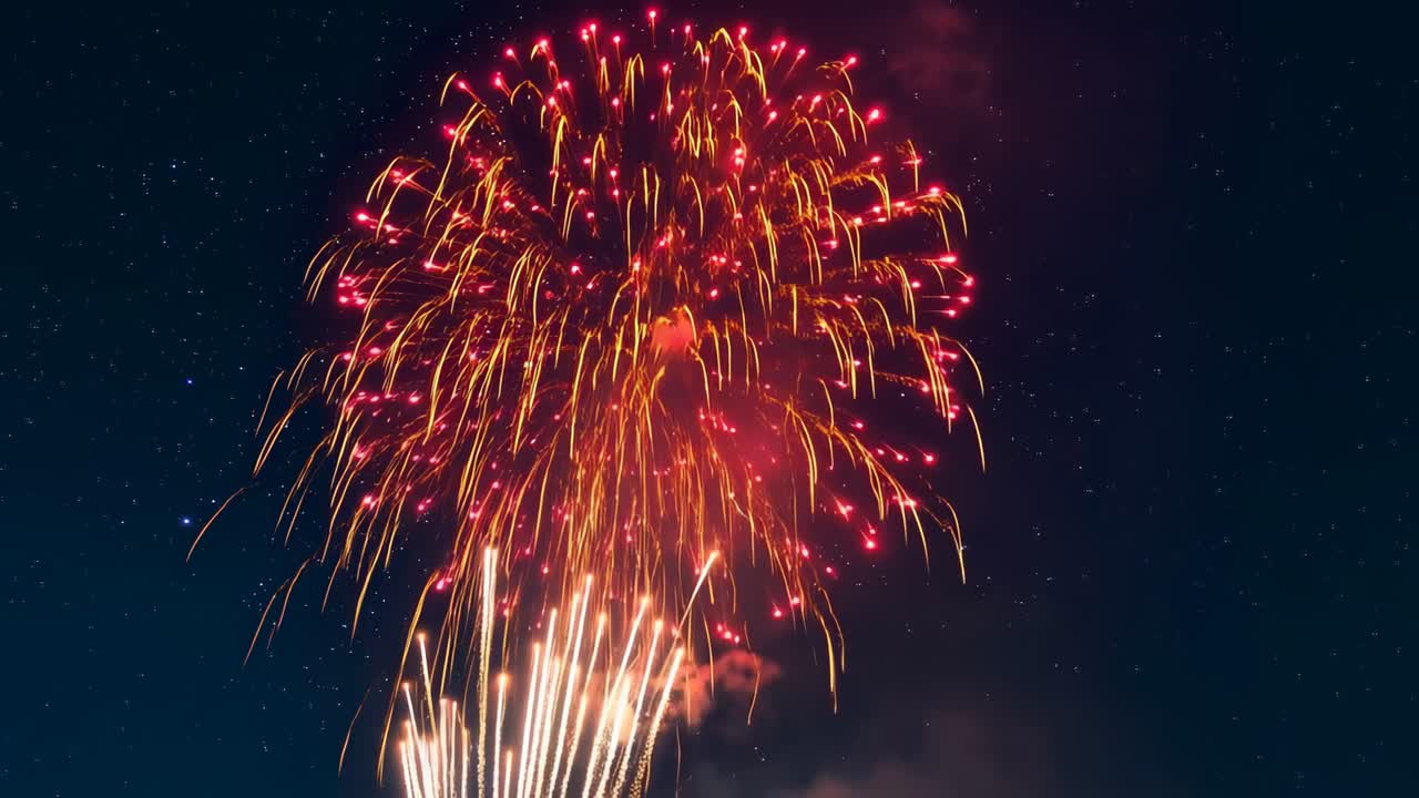 Fuses igniting shells launching bursting red or green over sky for show willow white jets smoke star