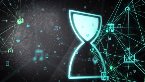 animatie van uurglas en verbindingen met gegevensverwerking op een zwarte achtergrond