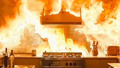 a kitchen with a large fire coming out of the oven