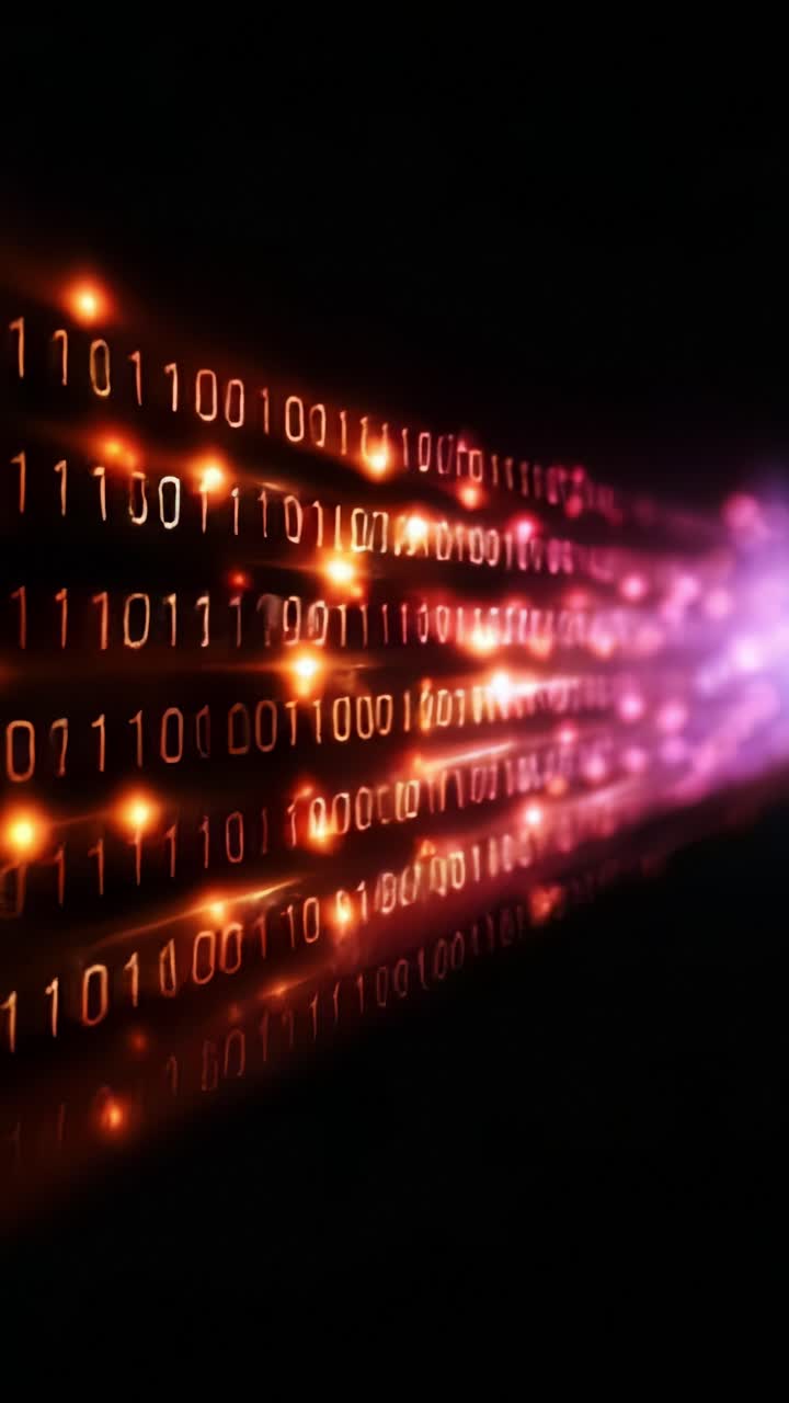 A mesmerizing view of streaming binary code in vibrant colors, representing the dynamic nature of data flow and digital communication in the modern world
