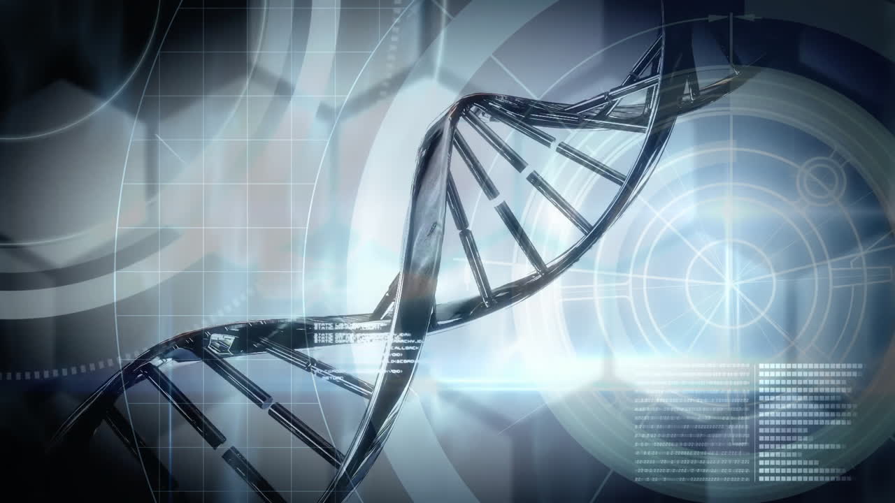 DNA strand and scientific data processing animation over abstract technological background
