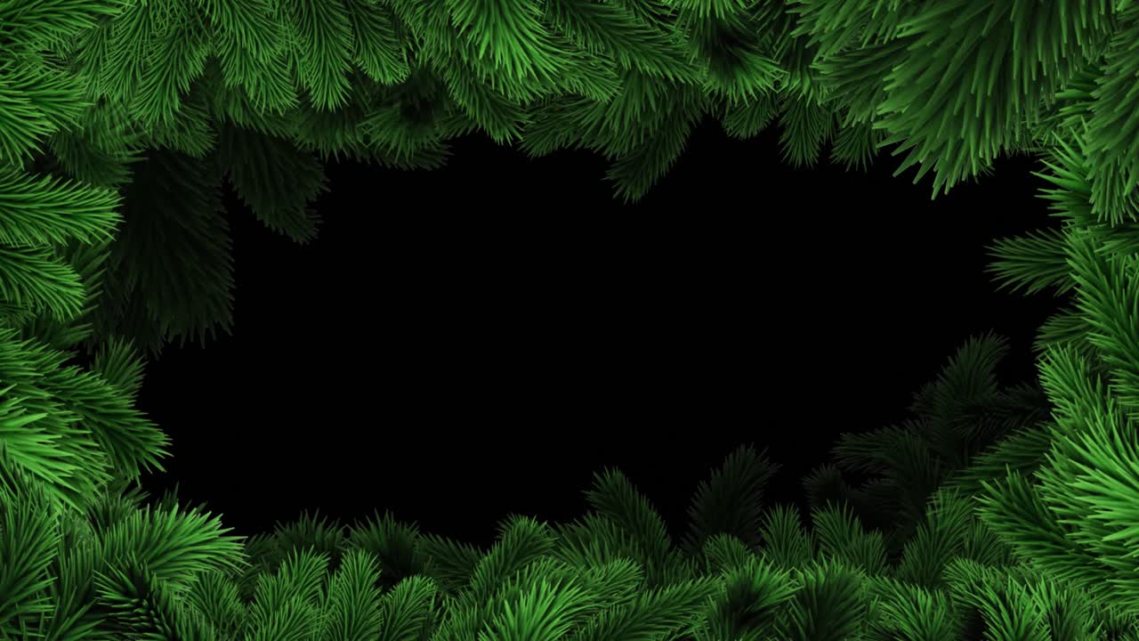 animação de fundo preto com borda de árvore de natal verde.