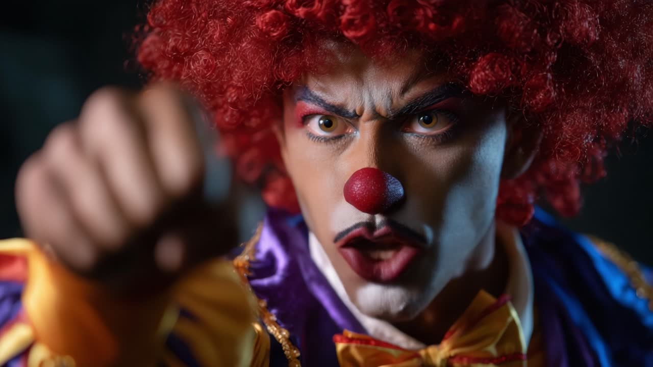 Intense Clown Portraying Anger and Defiance Through Expression, Colorful Costume, and Fiery Engagement in a Dramatic Performance Setting