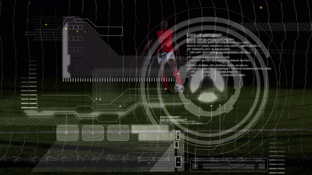 Animation of data processing over african american male soccer player taking a penalty kick