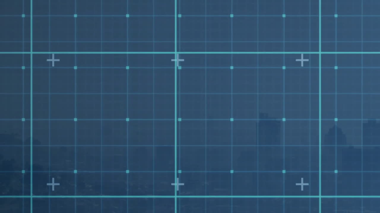 Blueprint grid with technical drawing animating over cityscape background