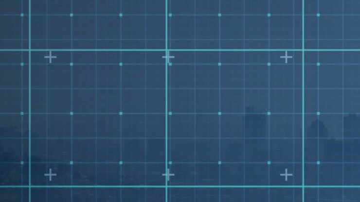 Blueprint grid with technical drawing animating over cityscape background