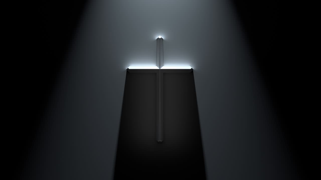 Sleek 3D Holy Cross On Wall with Looping Prismatic Lighting Rotating Around Background
