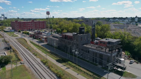 Ascending-drone-view-of-The-Old-Pepper-Distillery-venue-in-Lexington,-Kentucky