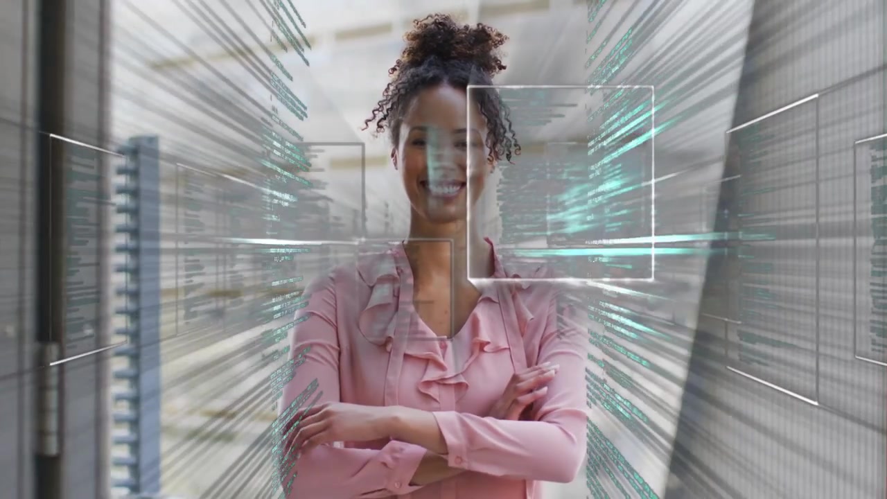 Woman in glass corridor crossing arms as teal streams scanning, panels framing face torso tech demo