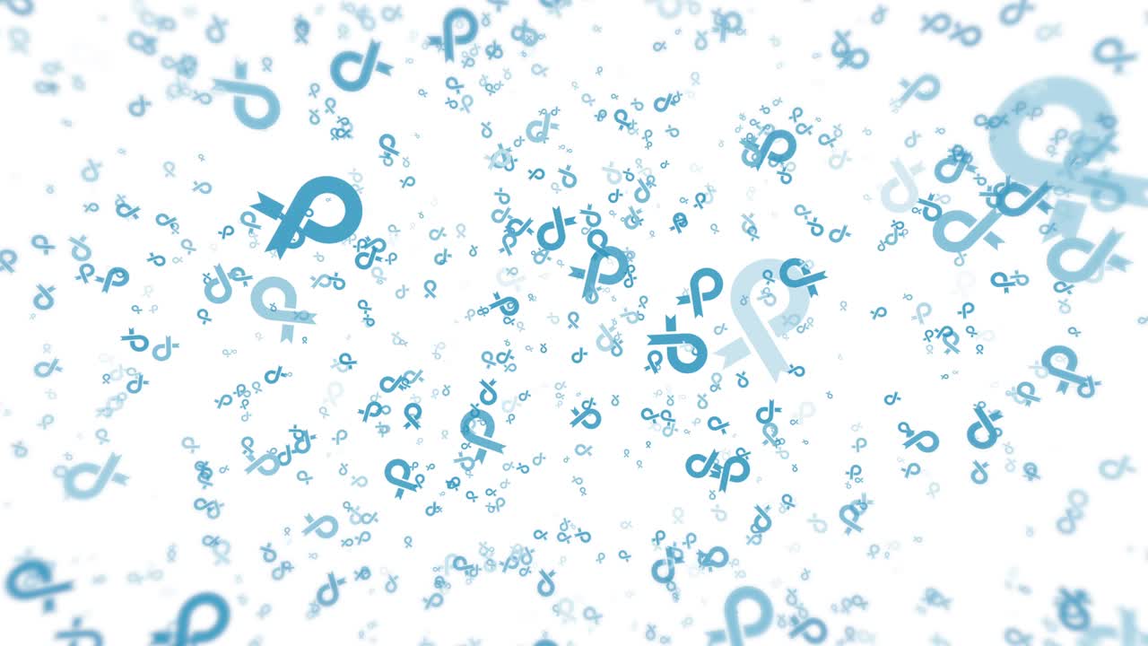 파란 리본 상징과 함께 색 배경이 떨어집니다. 의학적 표지판은 간단한 원활한 루프에서 애니메이션 요소를 나타니다.