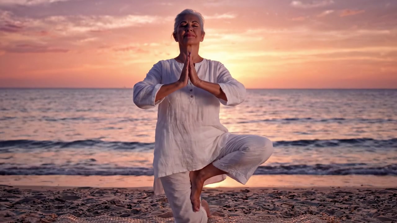 Sahilde Sakin Bir Akşam: Yaşlı Kadın Okyanus Üzerinde Batan Güneşle Meditasyon Yapıyor, Doğal Bir Ortamda Huzur ve Dinginliği Kucaklıyor