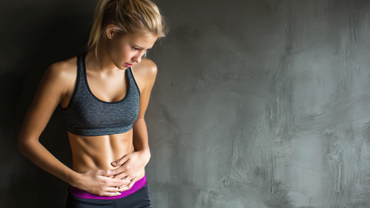 Una giovane donna in abbigliamento sportivo riflette mentre si tocca l'addome, appoggiata a una semplice parete grigia, esprimendo pensieri ed emozioni in un momento di solitudine e contemplazione.