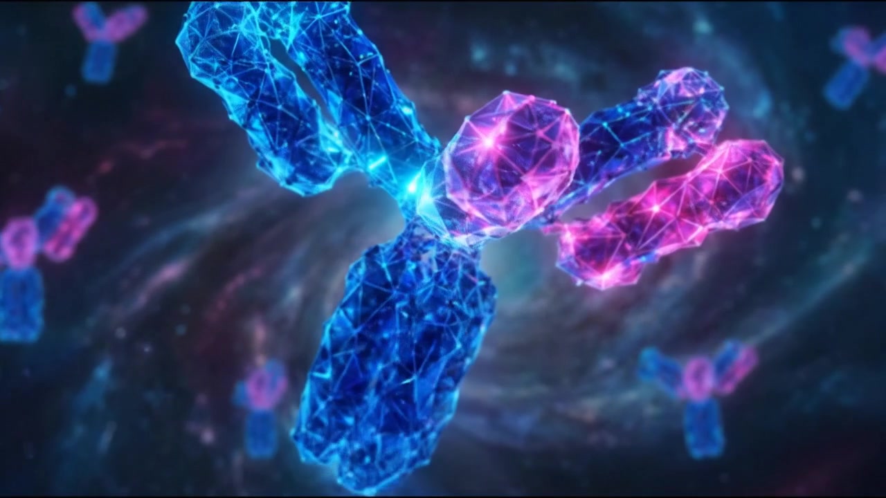 Animazione microscopica astratta di cellule virali con anticorpi