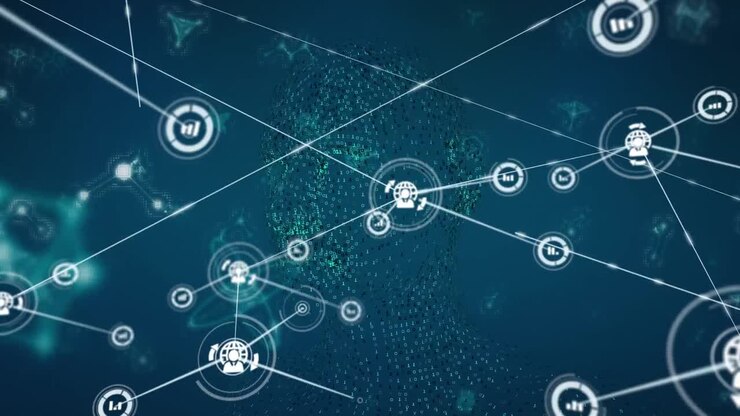 Animation of network of connections with icons over dark blue background