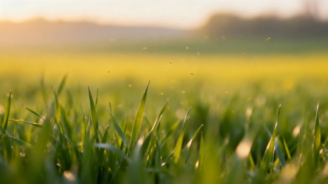 Fili d'erba ondeggianti che si piegano in un prato illuminato dal sole all'ora d'oro, mentre una leggera brezza diffonde il polline.