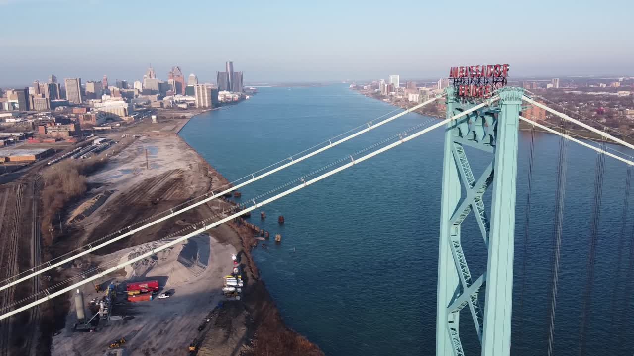 Ambassador Bridge Over The Detroit River To Canada With Detroit Skyline In The Background.-aerial drone shot