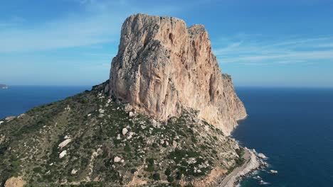 Calpe-Rock-Penon-de-Ifach-Nature-Park-in-Alicante,-Costa-Blanca,-Spain---Aerial-4k