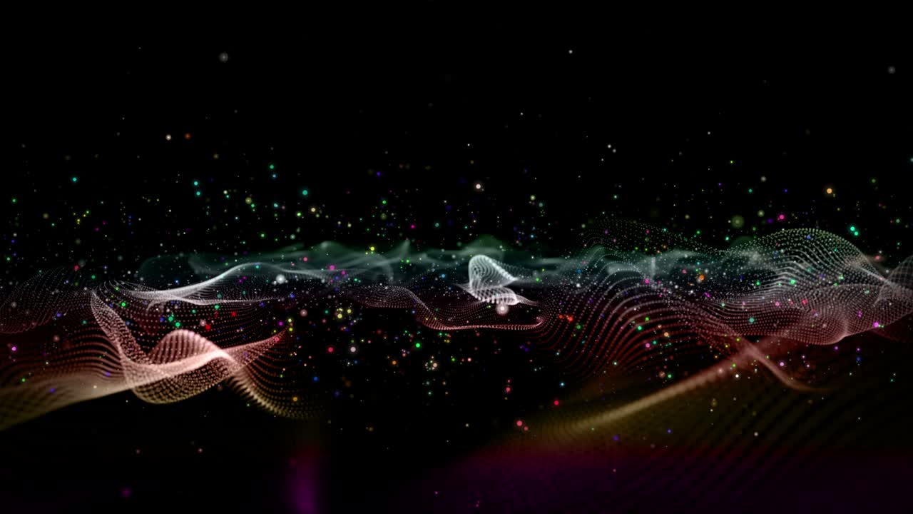 Futuristic animation with colorful wave object and glitter particles in slow motion, 4096x2304 loop 4K