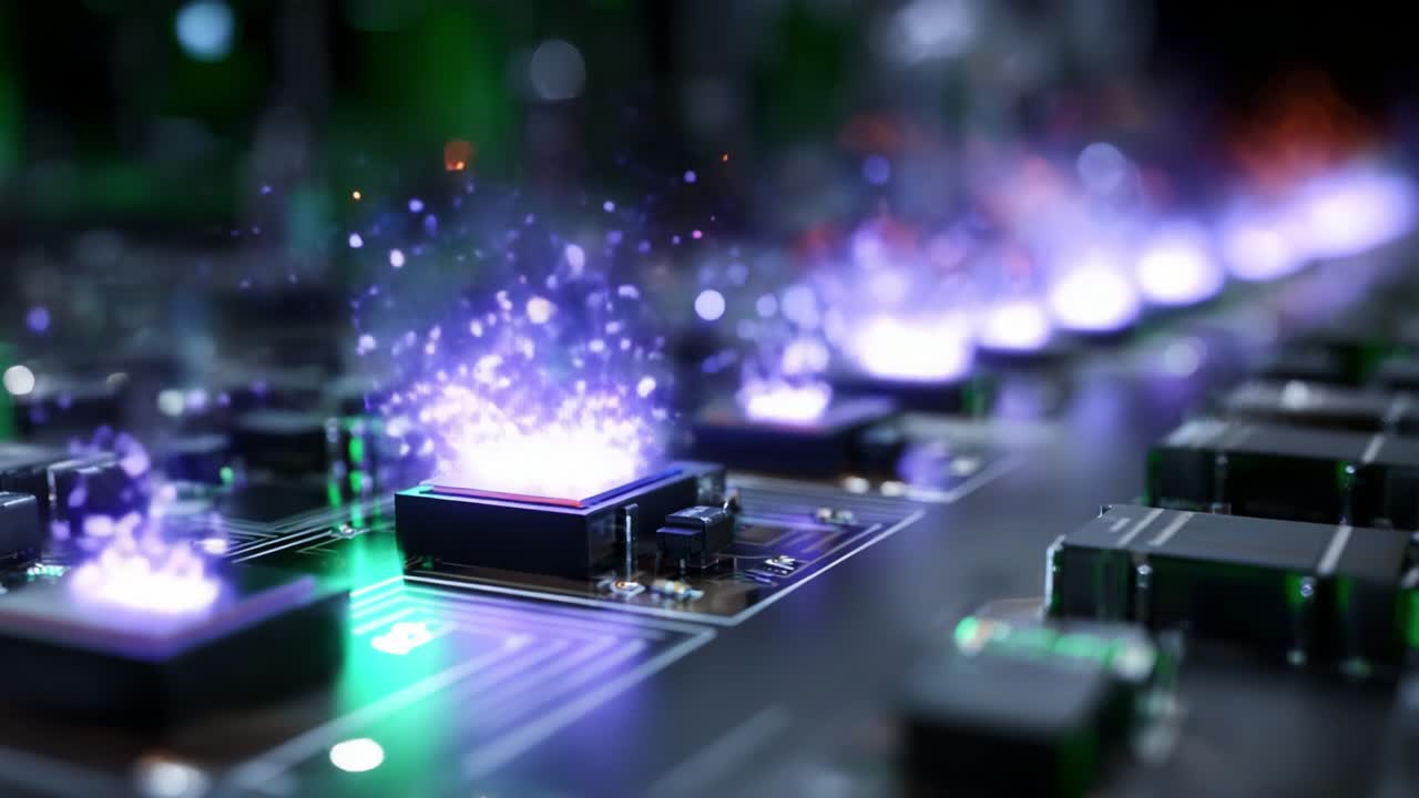 A close-up view of a digital circuit board featuring vibrant sparkles and pulses of energy emanating from microchips, illustrating the dynamic interplay of technology and innovation in modern electronics
