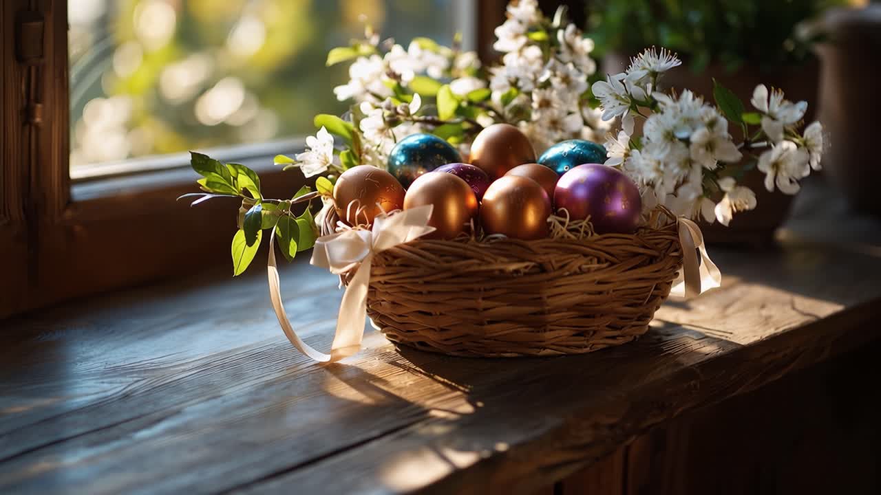 Sunlight bathes a wicker basket of colorful eggs. Soft white blossoms frame the rustic wooden windowsill. Delicate ribbon ties the basket's bow. Warm light highlights golden and metallic egg hues