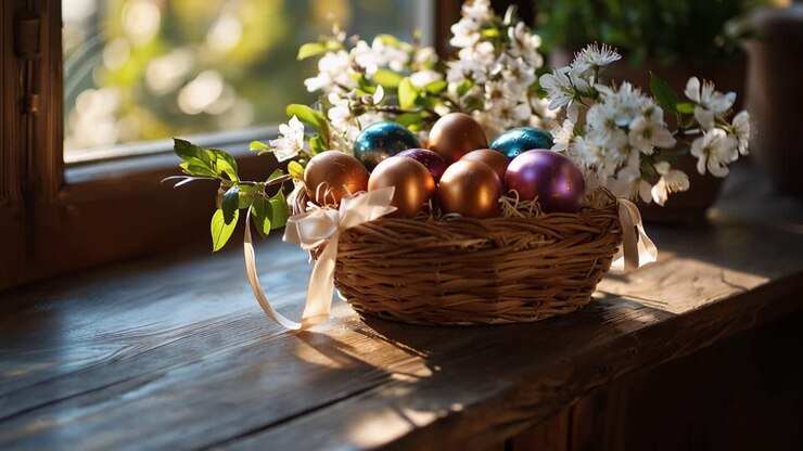 Sunlight bathes a wicker basket of colorful eggs. Soft white blossoms frame the rustic wooden windowsill. Delicate ribbon ties the basket's bow. Warm light highlights golden and metallic egg hues