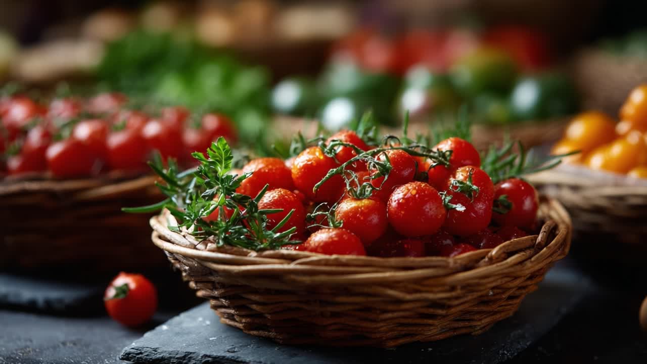 Vibrant Red Tomatoes in Woven Baskets Surrounded by Lush Greenery, Showcasing Freshness and Bounty in a Rustic Market Setting