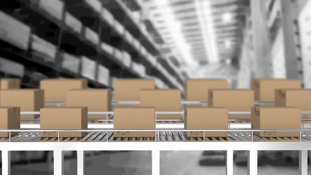 창고에서 컨베이어 벨트에 움직이는 카드보드 상자의 애니메이션