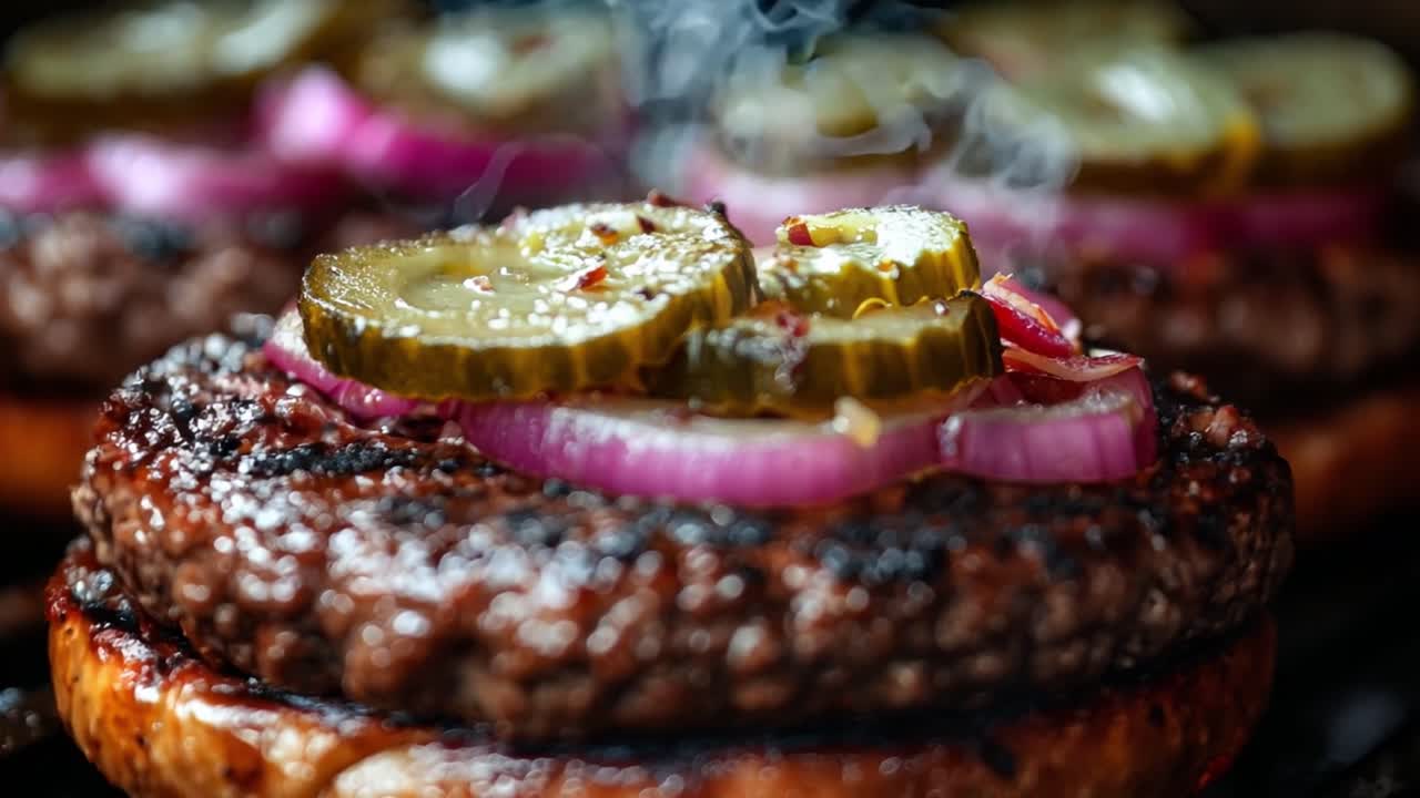 Close-up of a delicious burger with pickles and red onions
