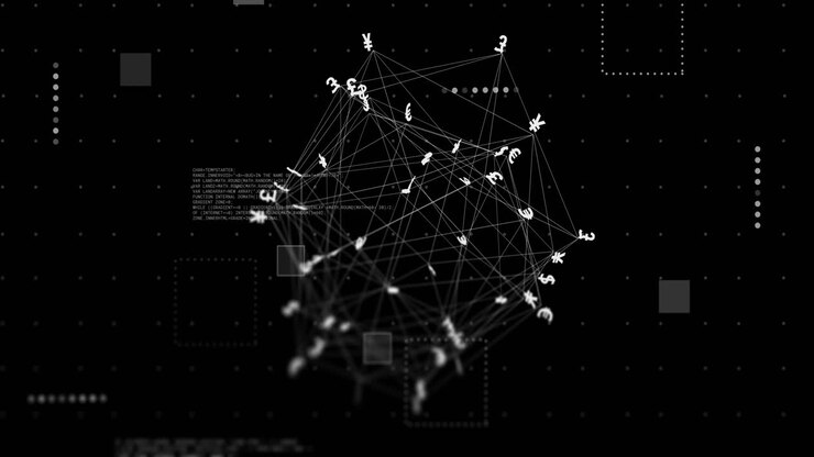Animazione di connessioni con simboli di valuta ed elaborazione dati su sfondo nero