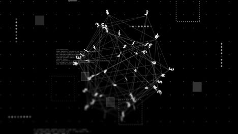 animation of connections with currency signs and data processing over black background