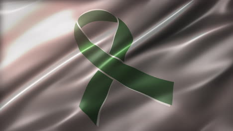 Cinta-Verde-De-Cáncer-De-Hígado,-Bandera-De-Concientización,-Vista-En-Perspectiva,-Textura-Sedosa,-Brillante-Y-Elegante-De-ángulo-Alto,-Animación-Realista-De-4k-Cg,-Aleteo-Elegante-Y-En-Cámara-Lenta,-Con-Capacidad-Para-Realizar-Bucles-Sin-Interrupciones