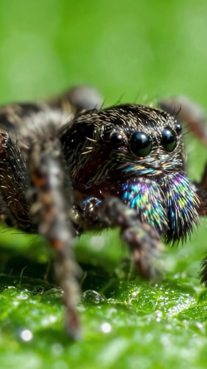 Primo piano di un ragno vivace e scintillante che mostra la sua pelliccia colorata e i dettagli intricati su una foglia verde, catturando la bellezza delle piccole creature della natura.
