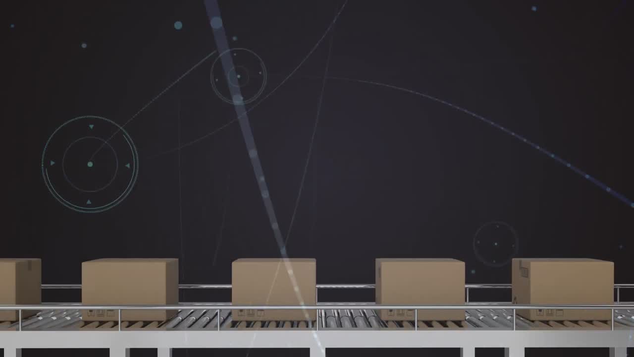 창고의 컨베이어 벨트에 있는 상자 위의 연결 네트워크의 애니메이션